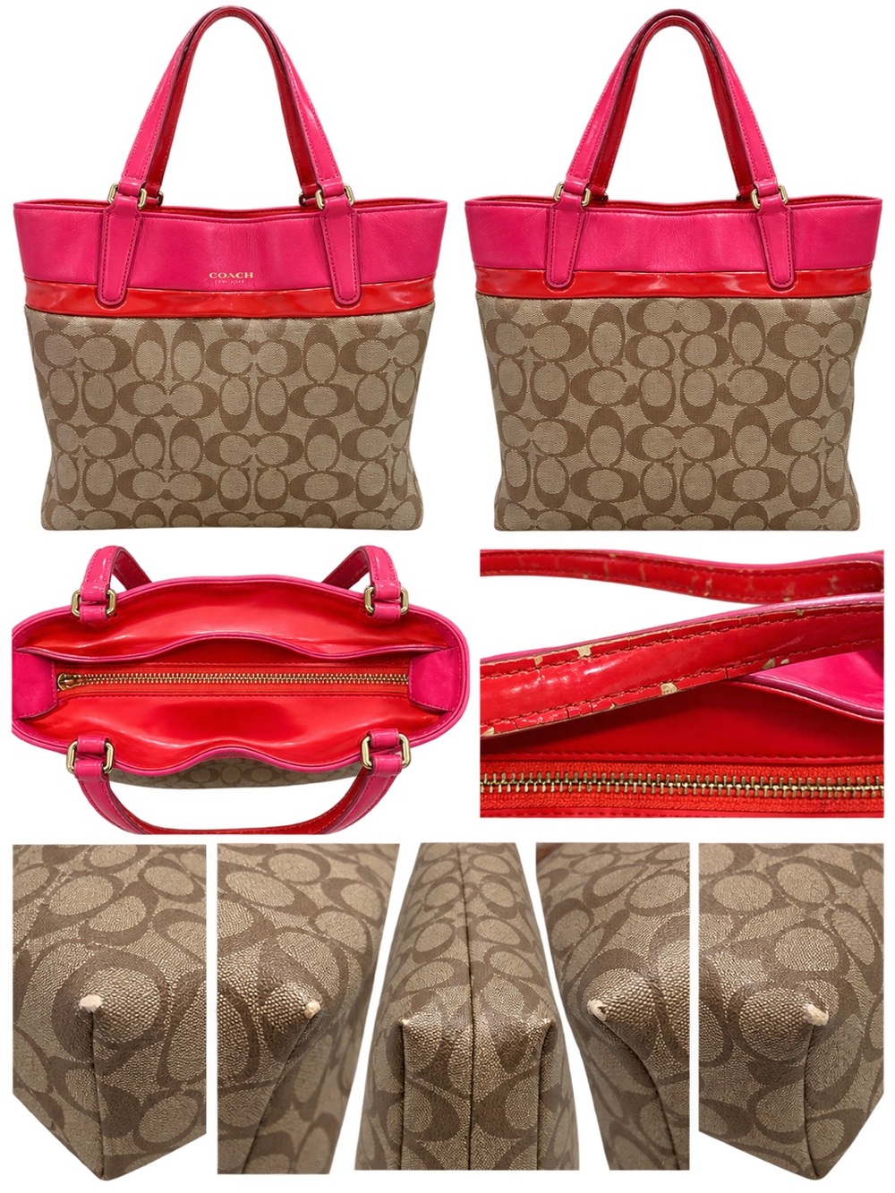 Coach Brown Signature Canvas Tote with Pink and Red Trim